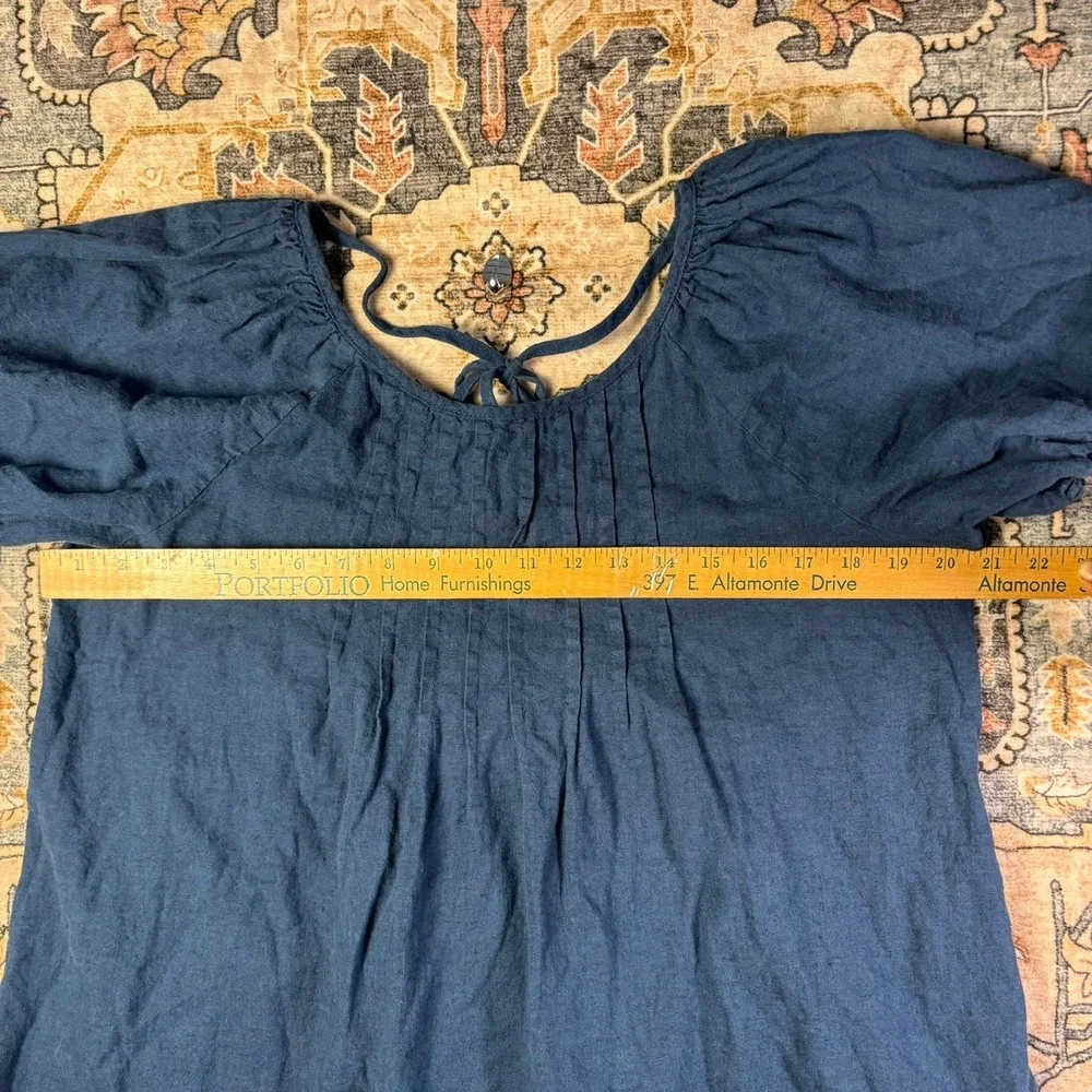 Free-est Free People Navy Blue Linen Pleated Puff Sleeve Mini Dress Tunic Large